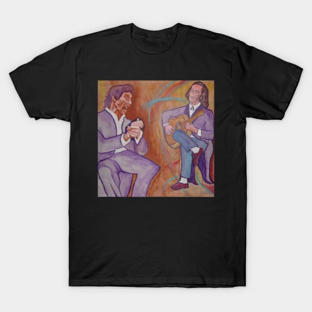 Paco de Lucia and singer Camarón de la Isla, painted by Aguijarro T-Shirt by Rosettemusicandguitar